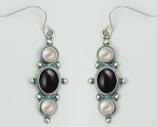 Sterling Silver Drop Dangle Earrings With Black Onyx And Cultured Freshwater Pearl